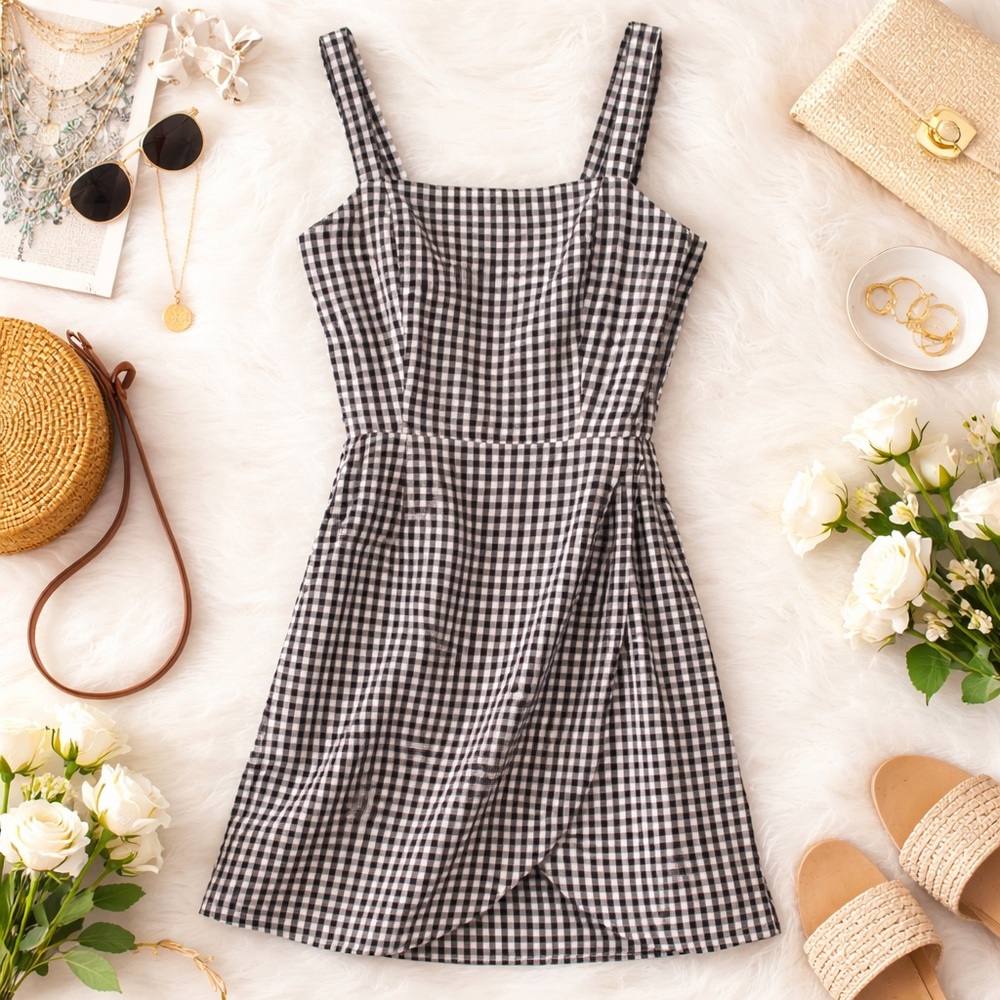 👗 Black & White Gingham Mini Dress Smocked Waist Cottagecore Sundress
